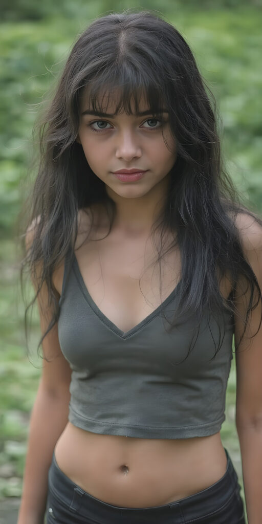 a teen girl with cropped tank top, deep v-neck, leggins, long wavy straight black hair, ((accentuating her ((navel)), stand in heavy rain, wet hair, green backdrop