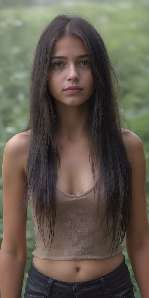 a teen girl with cropped tank top, deep v-neck, leggins, long wavy straight black hair, ((accentuating her ((navel)), stand in heavy rain, wet hair, green backdrop