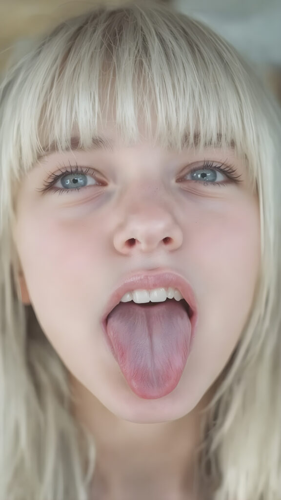 a teenage girl with straight white hair, bangs, long soft hair, detailed face, looks up, wide open mouth, white teeth, full kissable lips, sticks out his tongue, full head in focus