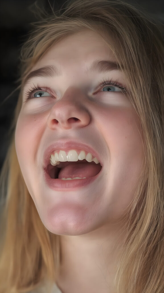 a teenage girl with orange hair, freckles, long soft hair, + BESCHREIBUNG EMOTION