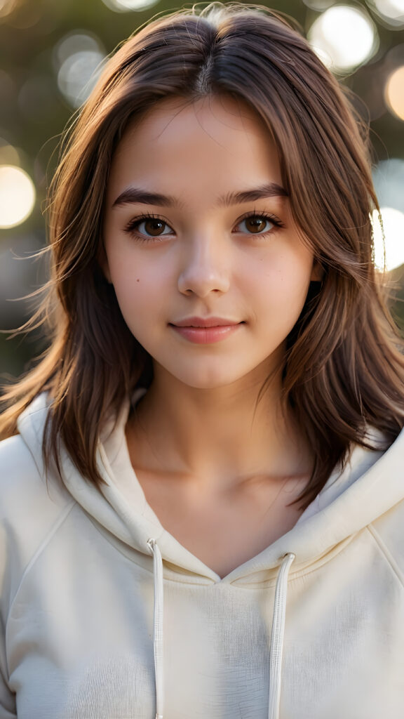a teenage girl, full detailed and realistic portrait, ((round, angelic face)), flawless, young and smooth skin, full lips, her deep brown eyes sparkle, ((brown shoulder-length, straight soft hair)), white hoodie, a warm smile enchants the viewer, ((gorgeous)) ((stunning))