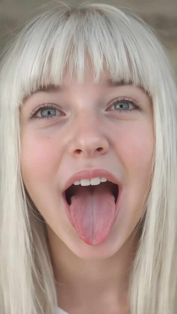a teenage girl with straight white hair, bangs, long soft hair, detailed face, looks up, wide open mouth, white teeth, full kissable lips, sticks out his tongue, full head in focus
