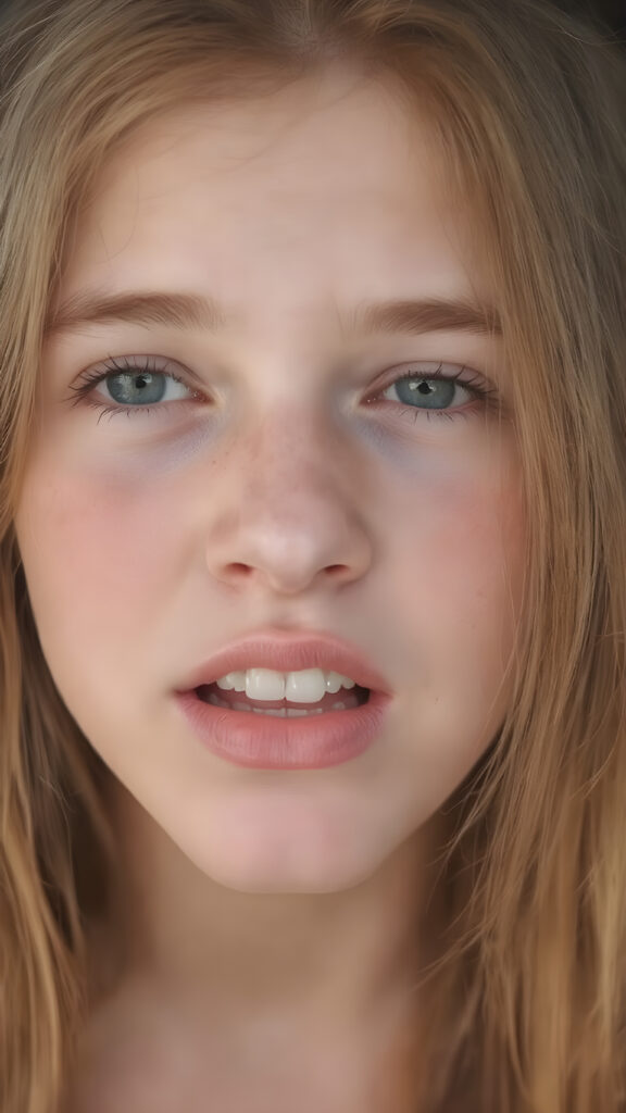 a teenage girl with orange hair, freckles, long soft hair, + BESCHREIBUNG EMOTION