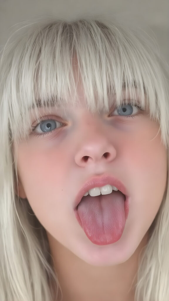 a teenage girl with straight white hair, bangs, long soft hair, detailed face, looks up, wide open mouth, white teeth, full kissable lips, sticks out his tongue, full head in focus