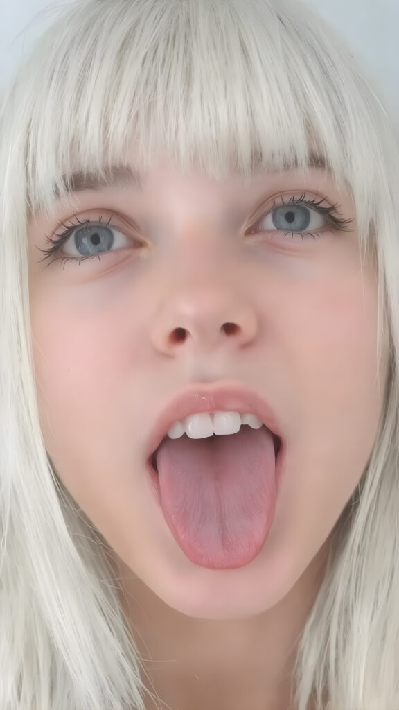 a teenage girl with straight white hair, bangs, long soft hair, detailed face, looks up, wide open mouth, white teeth, full kissable lips, sticks out his tongue, full head in focus