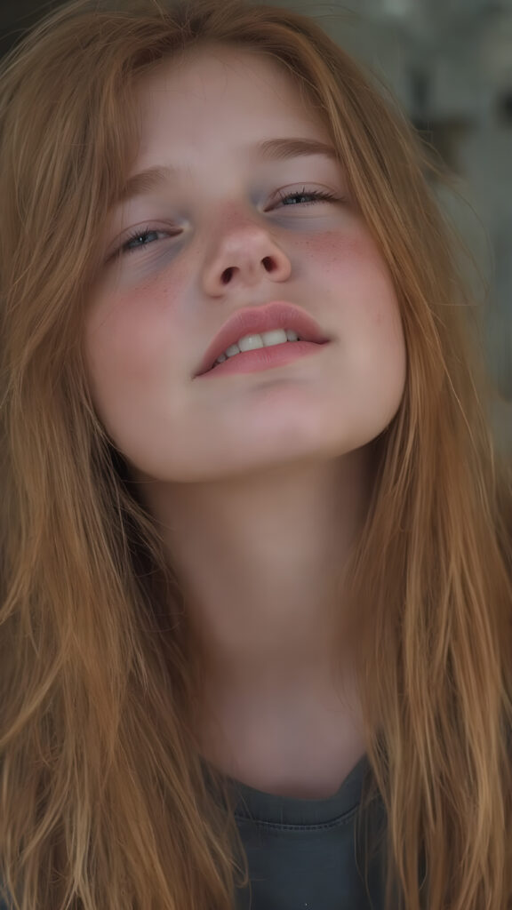 a teenage girl with orange hair, freckles, long soft hair, + BESCHREIBUNG EMOTION