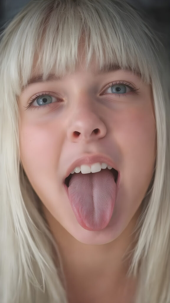 a teenage girl with straight white hair, bangs, long soft hair, detailed face, looks up, wide open mouth, white teeth, full kissable lips, sticks out his tongue, full head in focus