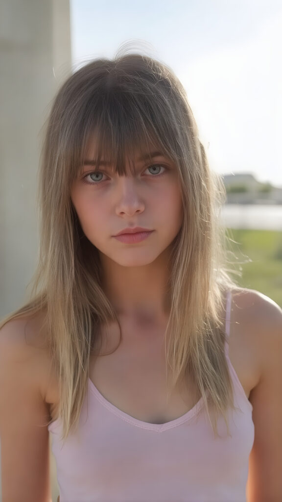 a thoughtful (((young cute teen model girl))) with long soft, straight hair framing her face, bangs, caught off guard as it cascades down her shoulders and covers her upper body in a in a plunge neck (((cropped low cut tank top))), expressing a mix of bashfulness and embarrassment, perfect curved fit body ((sunny backdrop))
