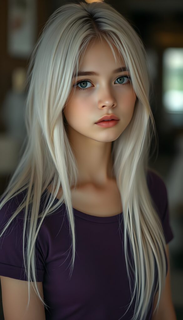 a thoughtful (((cute and petite girl))) with ((long, soft, white straight hair)), detailed round face, light brown realistic eyes, ((wears a form-fitting tight violet no printed t-shirt)), soft lips and grey eyes that give off a romantic glow
