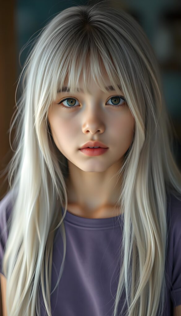 a thoughtful (((cute and petite girl))) with ((long, soft, white straight hair)), detailed round face, light brown realistic eyes, ((wears a form-fitting tight violet no printed t-shirt)), soft lips and grey eyes that give off a romantic glow