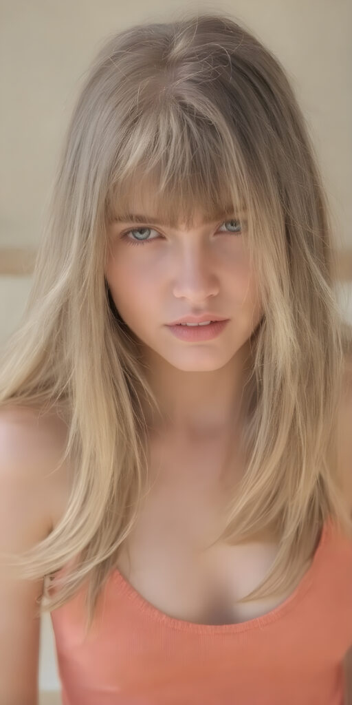 a thoughtful (((young cute teen model girl))) with long soft, straight hair framing her face, bangs, caught off guard as it cascades down her shoulders and covers her upper body in a in a plunge neck (((cropped low cut tank top))), expressing a mix of bashfulness and embarrassment, perfect curved fit body ((sunny backdrop))