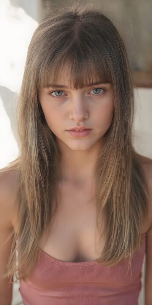 a thoughtful (((young cute teen model girl))) with long soft, straight hair framing her face, bangs, caught off guard as it cascades down her shoulders and covers her upper body in a in a plunge neck (((cropped low cut tank top))), expressing a mix of bashfulness and embarrassment, perfect curved fit body ((sunny backdrop))