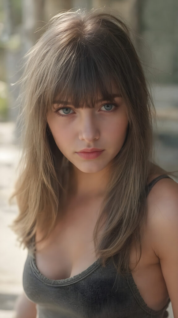a thoughtful (((young cute teen model girl))) with long soft, straight hair framing her face, bangs, caught off guard as it cascades down her shoulders and covers her upper body in a in a plunge neck (((cropped low cut tank top))), expressing a mix of bashfulness and embarrassment, perfect curved fit body ((sunny backdrop))