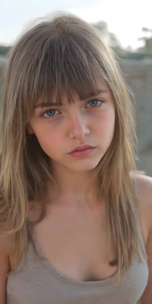 a thoughtful (((young cute teen model girl))) with long soft, straight hair framing her face, bangs, caught off guard as it cascades down her shoulders and covers her upper body in a in a plunge neck (((cropped low cut tank top))), expressing a mix of bashfulness and embarrassment, perfect curved fit body ((sunny backdrop))