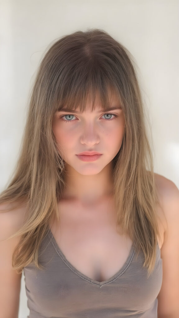 a thoughtful (((young cute teen model girl))) with long soft, straight hair framing her face, bangs, caught off guard as it cascades down her shoulders and covers her upper body in a in a plunge neck (((cropped low cut tank top))), expressing a mix of bashfulness and embarrassment, perfect curved fit body ((sunny backdrop))