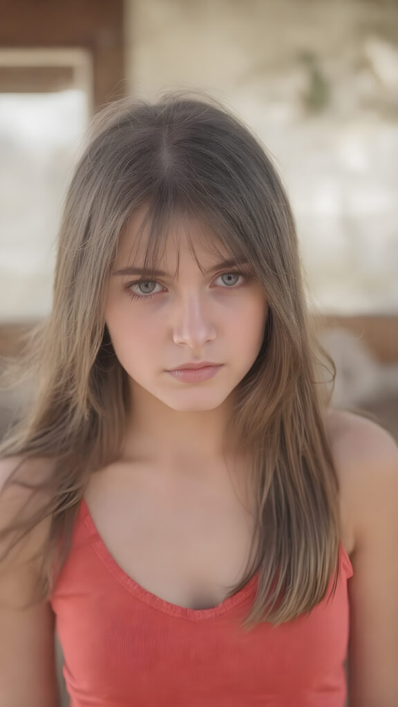 a thoughtful (((young cute teen model girl))) with long soft, straight hair framing her face, bangs, caught off guard as it cascades down her shoulders and covers her upper body in a in a plunge neck (((cropped low cut tank top))), expressing a mix of bashfulness and embarrassment, perfect curved fit body ((sunny backdrop))