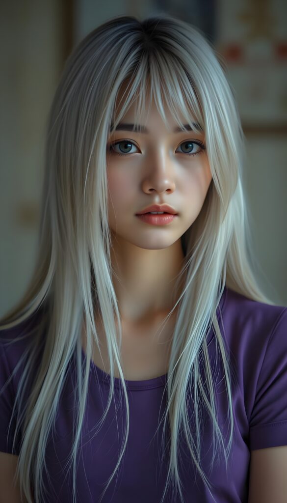 a thoughtful (((cute and petite girl))) with ((long, soft, white straight hair)), detailed round face, light brown realistic eyes, ((wears a form-fitting tight violet no printed t-shirt)), soft lips and grey eyes that give off a romantic glow
