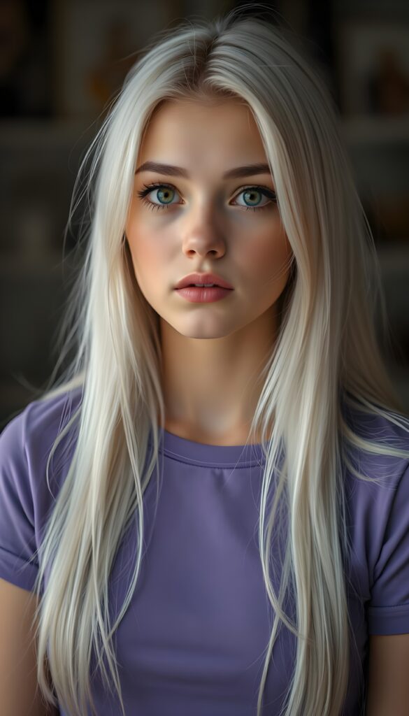 a thoughtful (((cute and petite girl))) with ((long, soft, white straight hair)), detailed round face, light brown realistic eyes, ((wears a form-fitting tight violet no printed t-shirt)), soft lips and grey eyes that give off a romantic glow