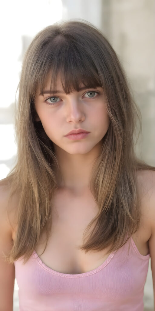 a thoughtful (((young cute teen model girl))) with long soft, straight hair framing her face, bangs, caught off guard as it cascades down her shoulders and covers her upper body in a in a plunge neck (((cropped low cut tank top))), expressing a mix of bashfulness and embarrassment, perfect curved fit body ((sunny backdrop))