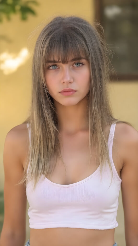 a thoughtful (((young cute teen model girl))) with long soft, straight hair framing her face, bangs, caught off guard as it cascades down her shoulders and covers her upper body in a in a plunge neck (((cropped low cut tank top))), expressing a mix of bashfulness and embarrassment, perfect curved fit body ((sunny backdrop))