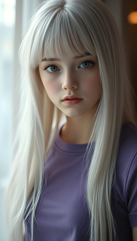 a thoughtful (((cute and petite girl))) with ((long, soft, white straight hair)), detailed round face, light brown realistic eyes, ((wears a form-fitting tight violet no printed t-shirt)), soft lips and grey eyes that give off a romantic glow