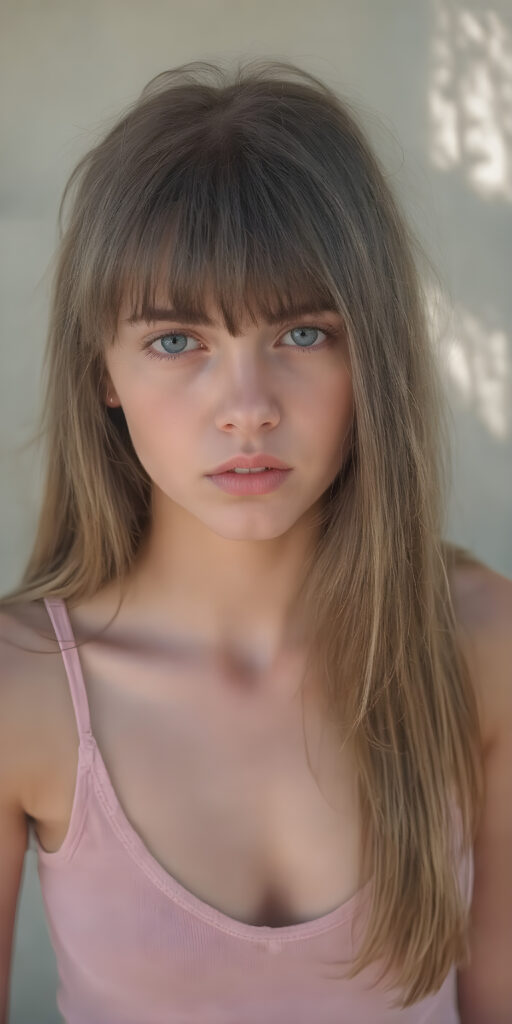 a thoughtful (((young cute teen model girl))) with long soft, straight hair framing her face, bangs, caught off guard as it cascades down her shoulders and covers her upper body in a in a plunge neck (((cropped low cut tank top))), expressing a mix of bashfulness and embarrassment, perfect curved fit body ((sunny backdrop))