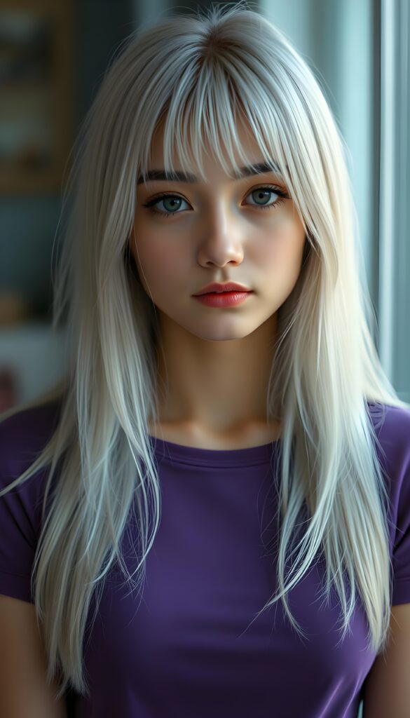 a thoughtful (((cute and petite girl))) with ((long, soft, white straight hair)), detailed round face, light brown realistic eyes, ((wears a form-fitting tight violet no printed t-shirt)), soft lips and grey eyes that give off a romantic glow