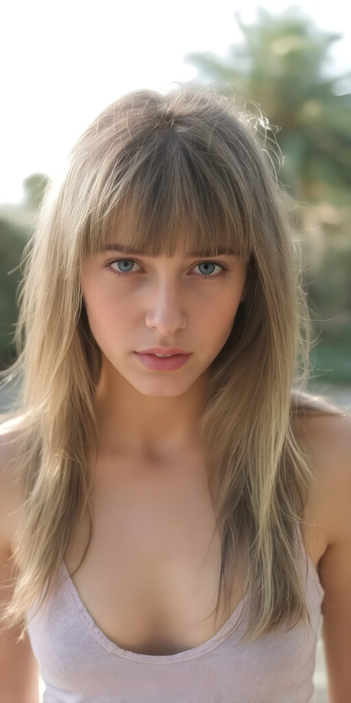 a thoughtful (((young cute teen model girl))) with long soft, straight hair framing her face, bangs, caught off guard as it cascades down her shoulders and covers her upper body in a in a plunge neck (((cropped low cut tank top))), expressing a mix of bashfulness and embarrassment, perfect curved fit body ((sunny backdrop))