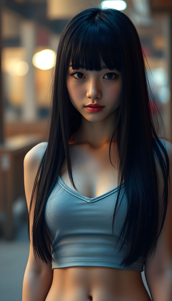 a typical japanese yandere girl, wears only a low v-cut thin light grey tank top, long black hair same length right and left, bangs