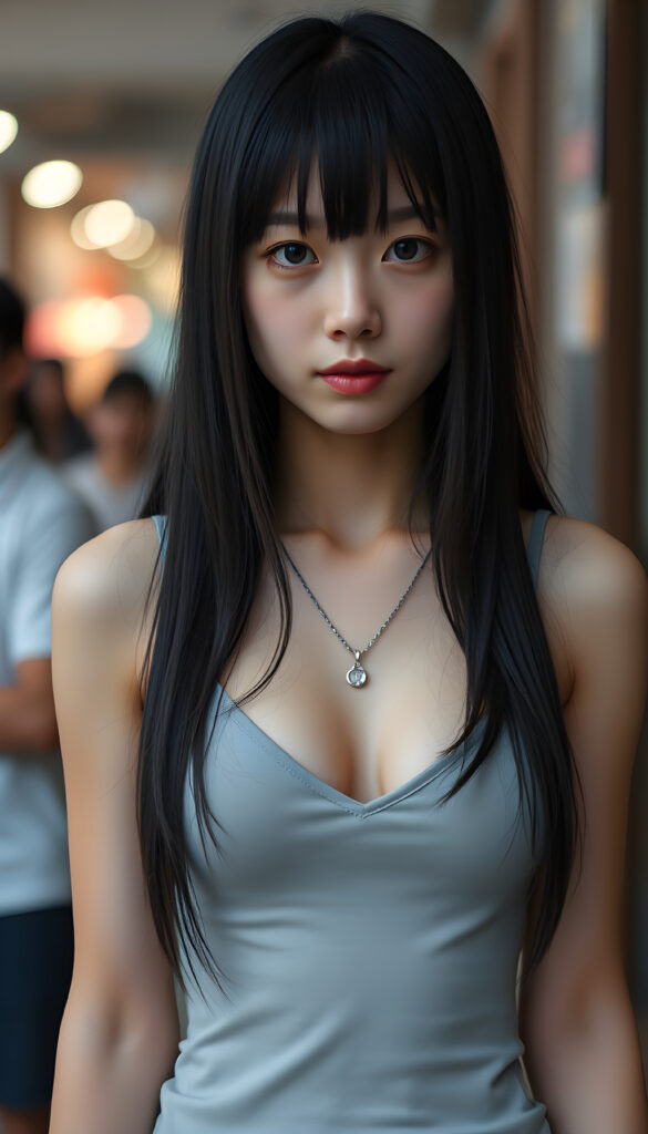 a typical japanese yandere girl, wears only a low v-cut thin light grey tank top, long black hair same length right and left, bangs