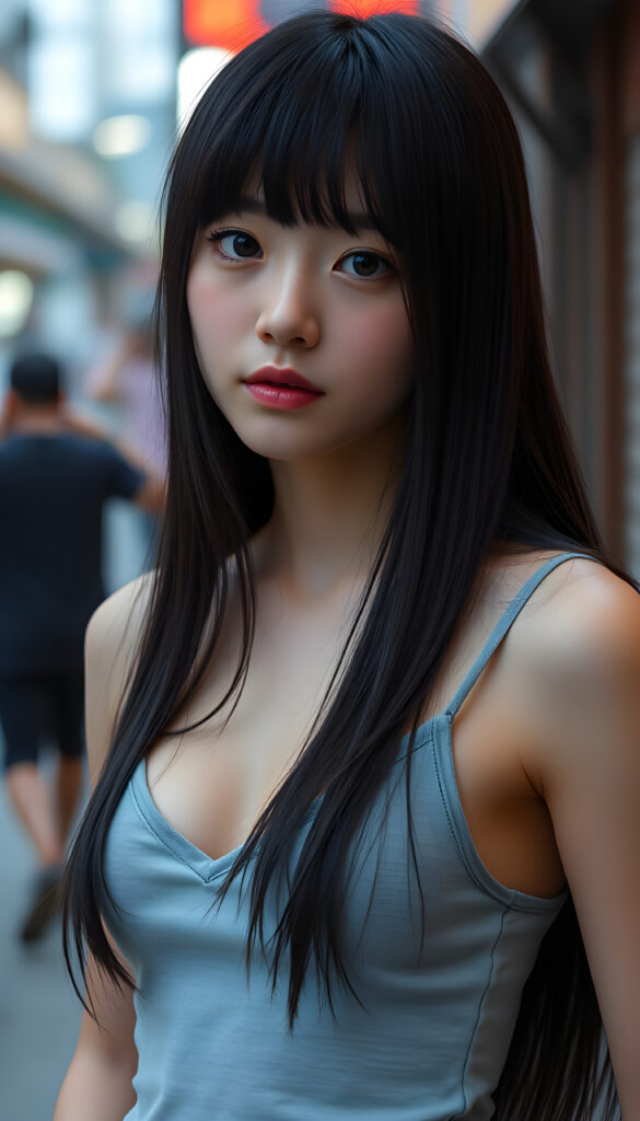 a typical japanese yandere girl, wears only a low v-cut thin light grey tank top, long black hair same length right and left, bangs