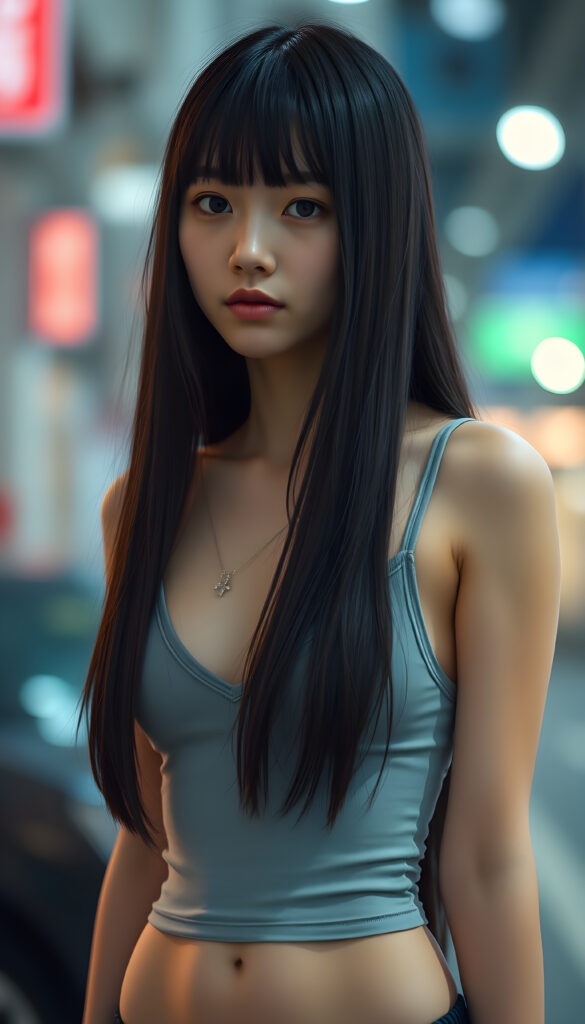 a typical japanese yandere girl, wears only a low v-cut thin light grey tank top, long black hair same length right and left, bangs
