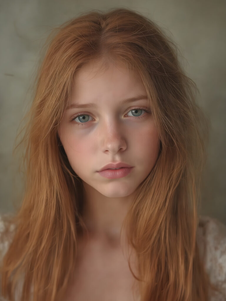 a typical, red-haired young girl, beautiful, gentle, charming and fine. Soft, straight jet hair falls over her body, she contains all the attributes that unite red-haired girls, her green eyes shine and sparkle. The photo is super realistic and detailed down to the smallest detail.