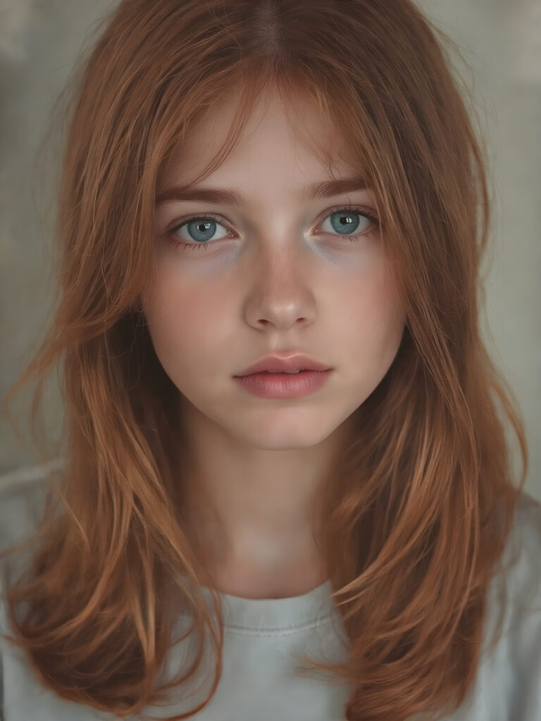 a typical, red-haired young girl, beautiful, gentle, charming and fine. Soft, straight jet hair falls over her body, she contains all the attributes that unite red-haired girls, her green eyes shine and sparkle. The photo is super realistic and detailed down to the smallest detail.