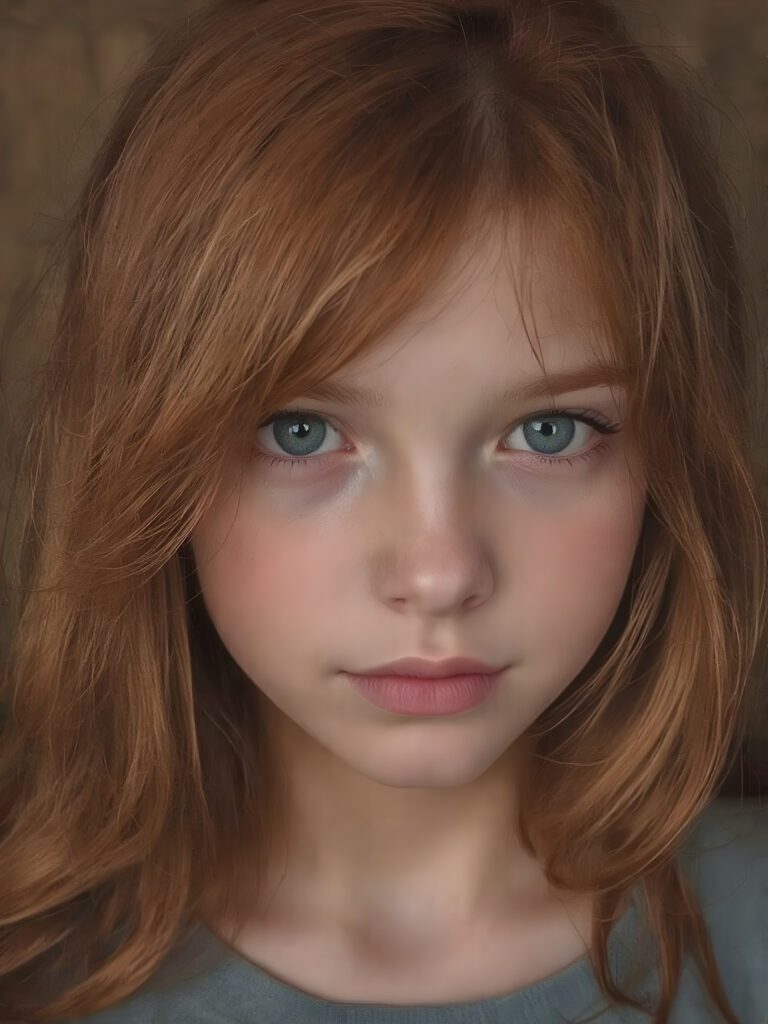 a typical, red-haired young girl, beautiful, gentle, charming and fine. Soft, straight jet hair falls over her body, she contains all the attributes that unite red-haired girls, her green eyes shine and sparkle. The photo is super realistic and detailed down to the smallest detail.