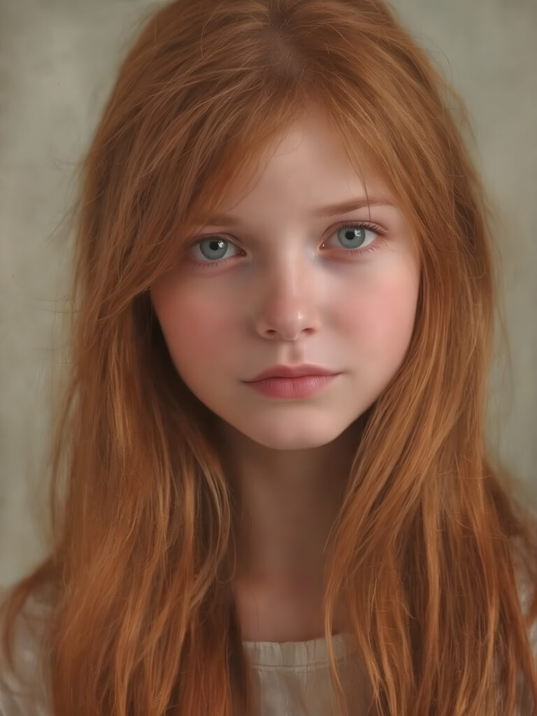 a typical, red-haired young girl, beautiful, gentle, charming and fine. Soft, straight jet hair falls over her body, she contains all the attributes that unite red-haired girls, her green eyes shine and sparkle. The photo is super realistic and detailed down to the smallest detail.