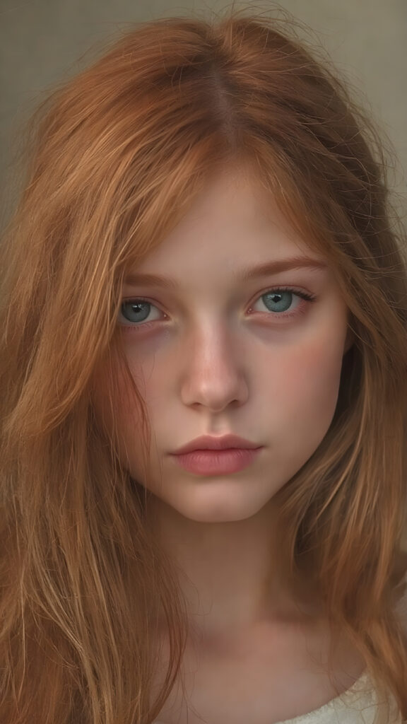 a typical, red-haired young girl, beautiful, gentle, charming and fine. Soft, straight jet hair falls over her body, she contains all the attributes that unite red-haired girls, her green eyes shine and sparkle. The photo is super realistic and detailed down to the smallest detail.