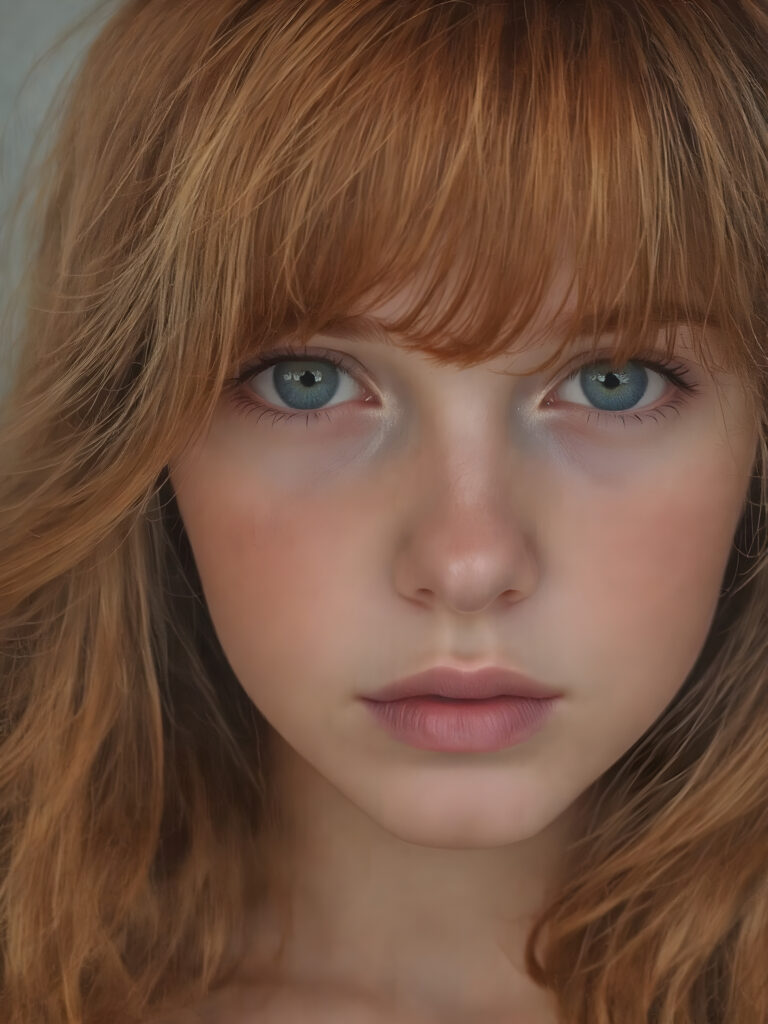 a typical, red-haired young girl, beautiful, gentle, charming and fine. Soft, straight jet hair falls over her body, she contains all the attributes that unite red-haired girls, her green eyes shine and sparkle. The photo is super realistic and detailed down to the smallest detail.