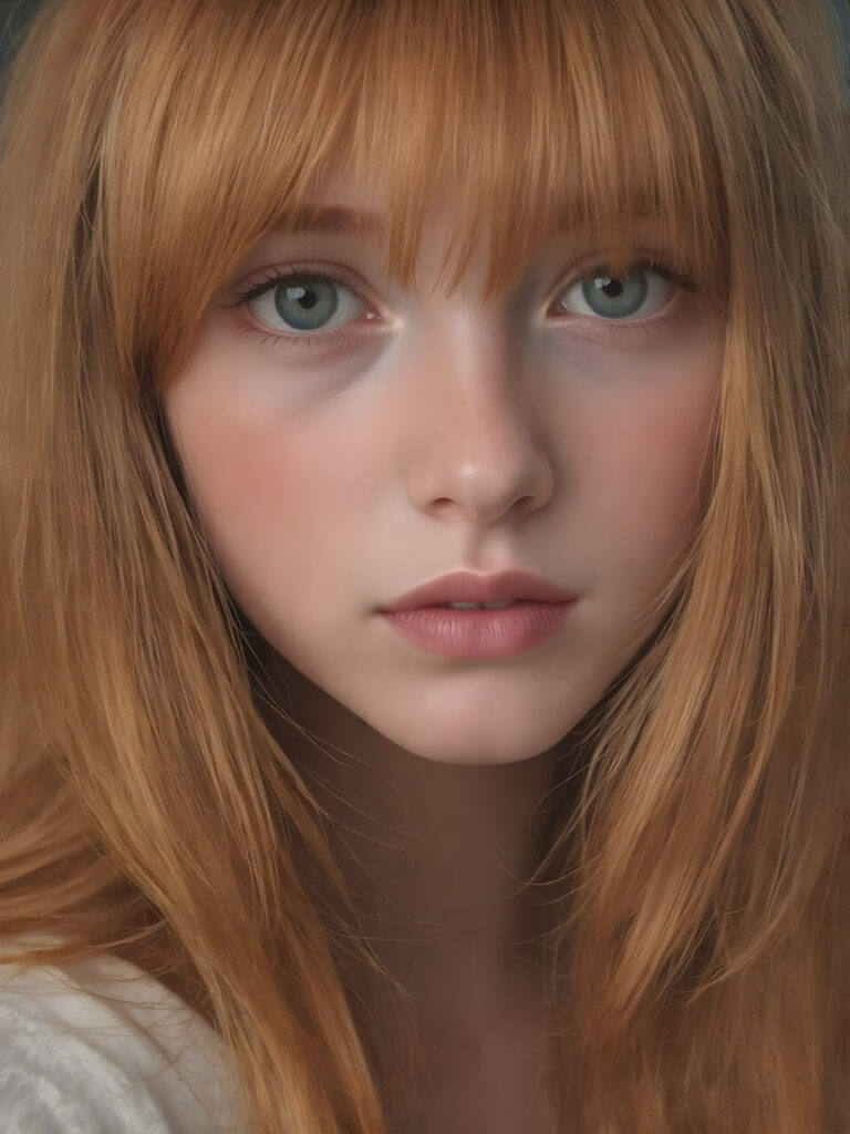 a typical, red-haired young girl, beautiful, gentle, charming and fine. Soft, straight jet hair falls over her body, she contains all the attributes that unite red-haired girls, her green eyes shine and sparkle. The photo is super realistic and detailed down to the smallest detail.