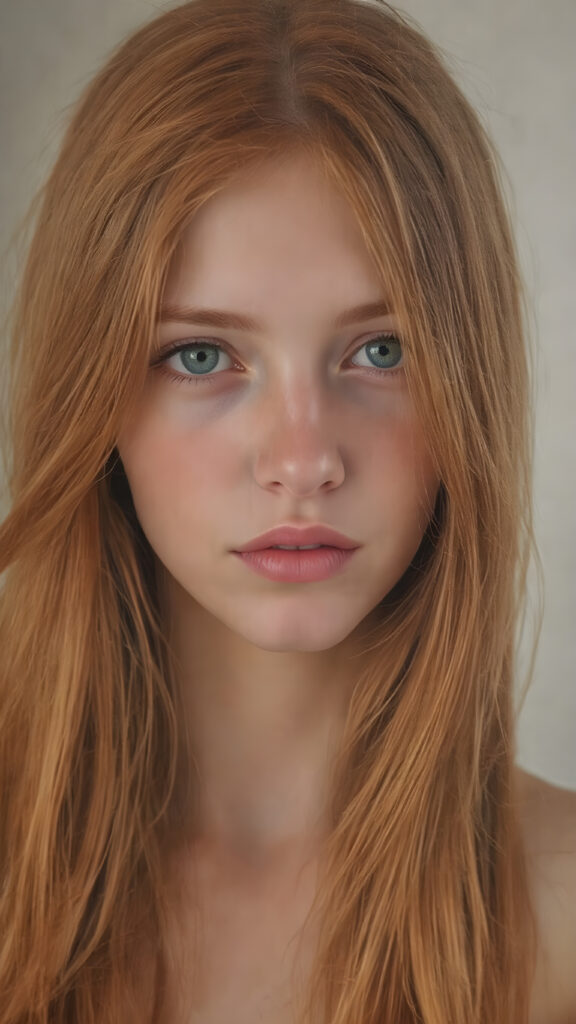 a typical, red-haired young girl, beautiful, gentle, charming and fine. Soft, straight jet hair falls over her body, she contains all the attributes that unite red-haired girls, her green eyes shine and sparkle. The photo is super realistic and detailed down to the smallest detail.