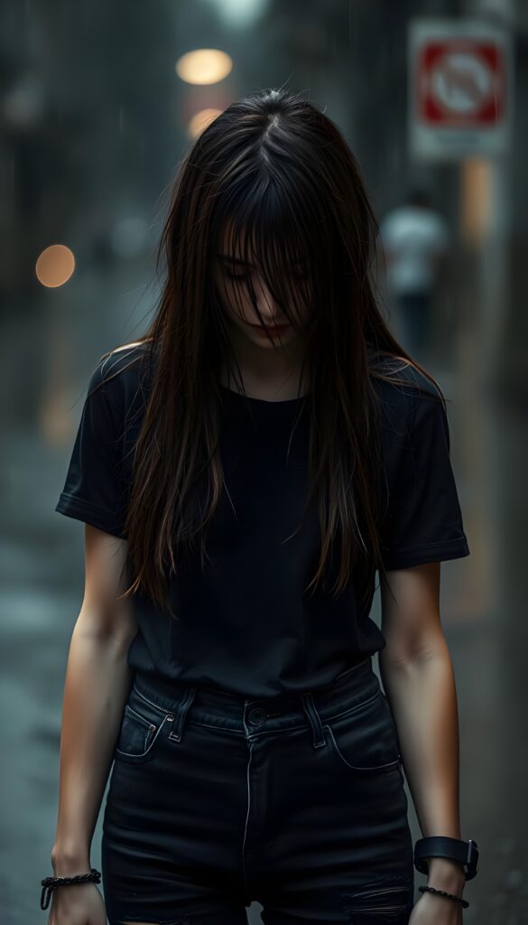 a (((young petite teenage girl))), (((long, straight light blond wet hair, her hair falls across her face))), dressed in a sleek ((black wet thin t-shirt)) and ((tattered denim jeans pants)), offset by a (alone in heavy rain), full body image. View from the front. She looks down, closed eyes. Sad and dark atmosphere. Broken heart.