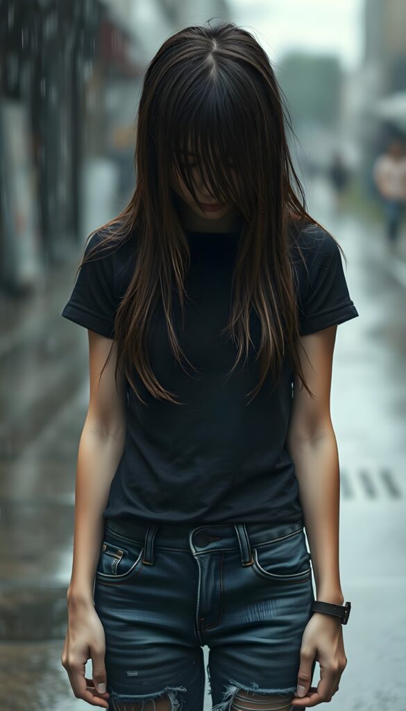 a (((young petite teenage girl))), (((long, straight light blond wet hair, her hair falls across her face))), dressed in a sleek ((black wet thin t-shirt)) and ((tattered denim jeans pants)), offset by a (alone in heavy rain), full body image. View from the front. She looks down, closed eyes. Sad and dark atmosphere. Broken heart.