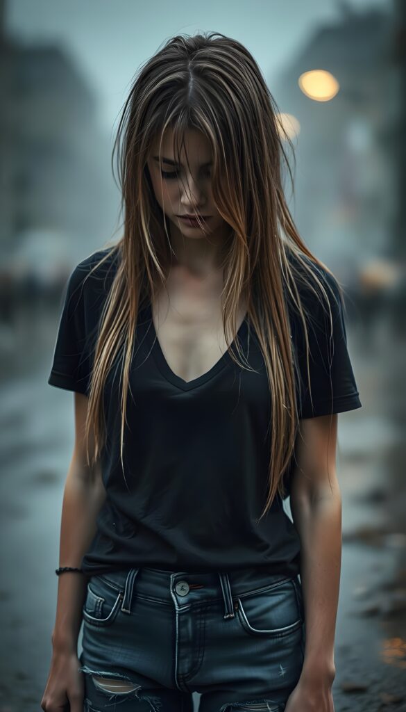 a (((young petite teenage girl))), (((long, straight light blond wet hair, her hair falls across her face))), dressed in a sleek ((black wet thin t-shirt)) and ((tattered denim jeans pants)), offset by a (alone in heavy rain), full body image. View from the front. She looks down, closed eyes. Sad and dark atmosphere. Broken heart.