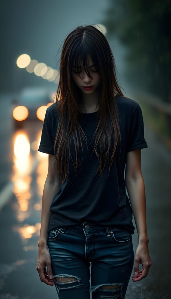 a (((young petite teenage girl))), (((long, straight light blond wet hair, her hair falls across her face))), dressed in a sleek ((black wet thin t-shirt)) and ((tattered denim jeans pants)), offset by a (alone in heavy rain), full body image. View from the front. She looks down, closed eyes. Sad and dark atmosphere. Broken heart.