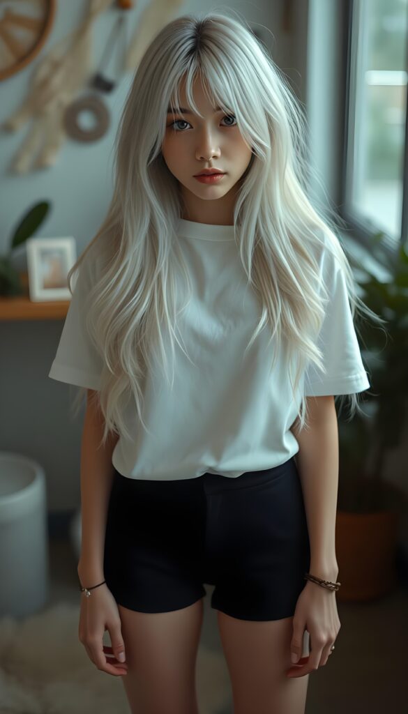 a upper body portrait, (((super cute adult girl))) with pale skin and (((adorable sparkling eyes))), along with long, flowing (((soft straight white hair))), dressed in a sleek ((white short t-shirt)), (((black mini shorts))), and (comfortable, casual shoes) that give off a cozy, laid-back vibe, she stands in front of the viewer