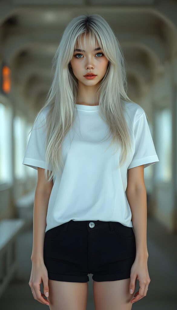 a upper body portrait, (((super cute adult girl))) with pale skin and (((adorable sparkling eyes))), along with long, flowing (((soft straight white hair))), dressed in a sleek ((white short t-shirt)), (((black mini shorts))), and (comfortable, casual shoes) that give off a cozy, laid-back vibe, she stands in front of the viewer