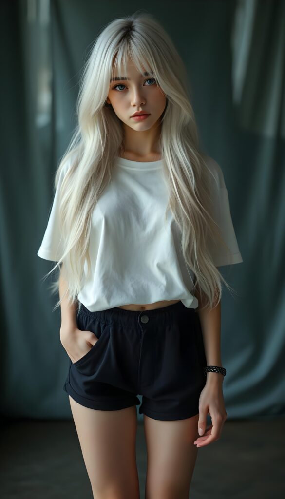 a upper body portrait, (((super cute adult girl))) with pale skin and (((adorable sparkling eyes))), along with long, flowing (((soft straight white hair))), dressed in a sleek ((white short t-shirt)), (((black mini shorts))), and (comfortable, casual shoes) that give off a cozy, laid-back vibe, she stands in front of the viewer