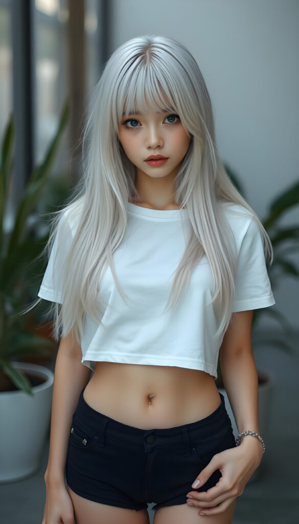 a upper body portrait, (((super cute adult girl))) with pale skin and (((adorable sparkling eyes))), along with long, flowing (((soft straight white hair))), dressed in a sleek ((white short cropped t-shirt, you can see her belly button)), (((black mini shorts))), and (comfortable, casual shoes) that give off a cozy, laid-back vibe, she stands in front of the viewer