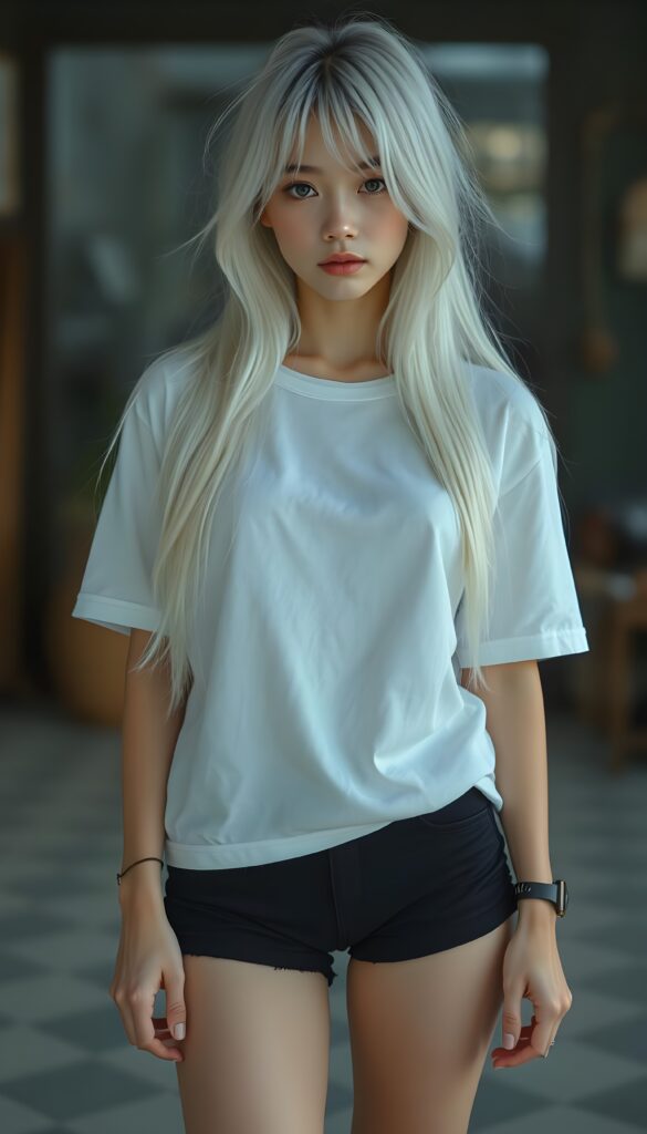 a upper body portrait, (((super cute adult girl))) with pale skin and (((adorable sparkling eyes))), along with long, flowing (((soft straight white hair))), dressed in a sleek ((white short t-shirt)), (((black mini shorts))), and (comfortable, casual shoes) that give off a cozy, laid-back vibe, she stands in front of the viewer