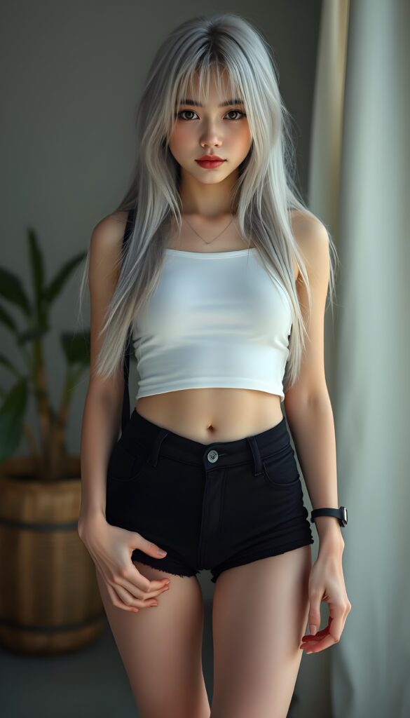 a upper body portrait, (((super cute adult girl))) with pale skin and (((adorable sparkling eyes))), along with long, flowing (((soft straight white hair))), dressed in a sleek ((white short cropped tank top, cute small belly button)), (((black mini shorts))), and (comfortable, casual shoes) that give off a cozy, laid-back vibe, she stands in front of the viewer